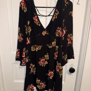 Floral V-Neck Black Dress with Pink & Tan Blooms